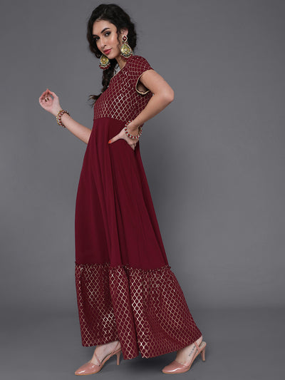 Maroon Gold Foil Print Maxi Dress