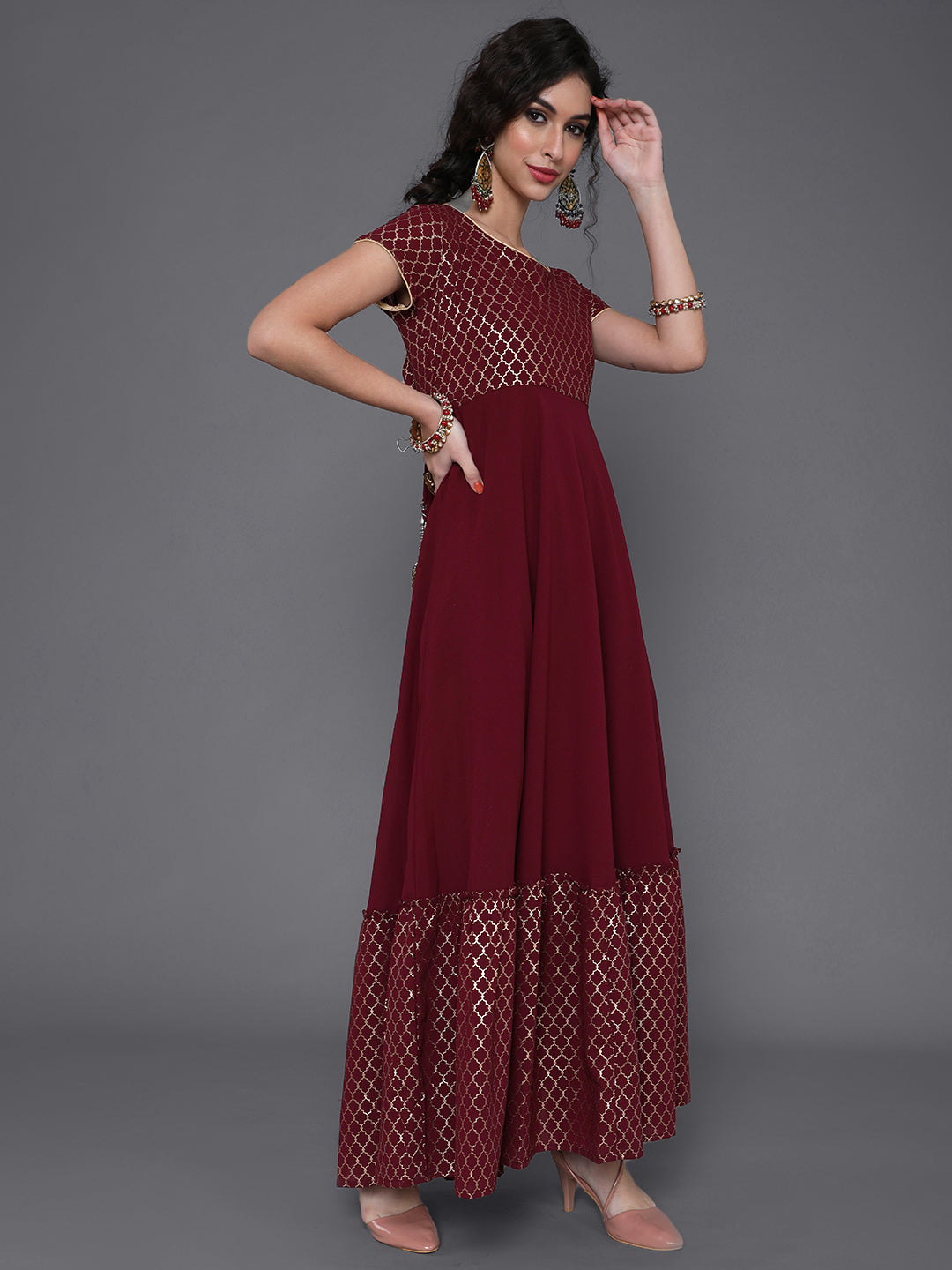 Maroon Gold Foil Print Maxi Dress