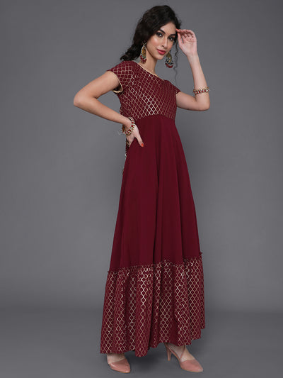 Maroon Gold Foil Print Maxi Dress