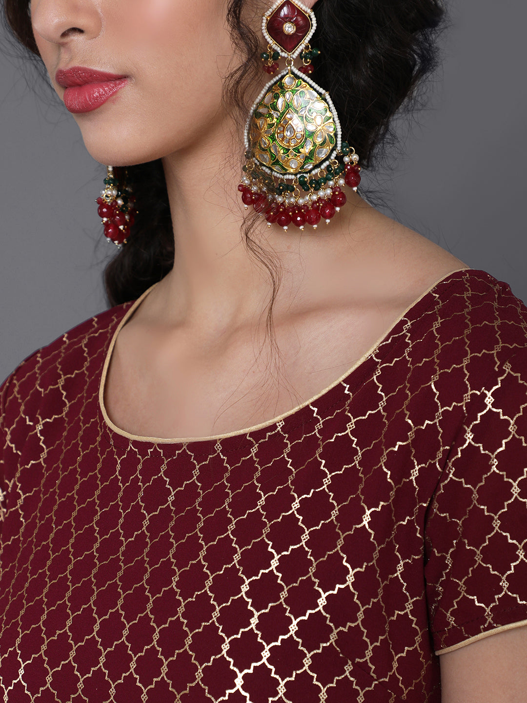 Maroon Gold Foil Print Maxi Dress