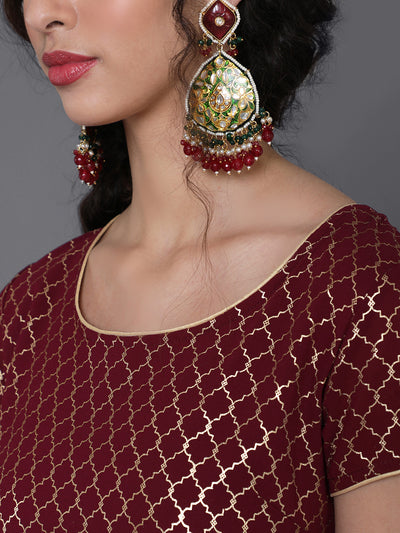 Maroon Gold Foil Print Maxi Dress