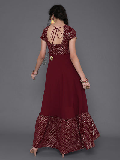 Maroon Gold Foil Print Maxi Dress
