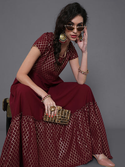 Maroon Gold Foil Print Maxi Dress