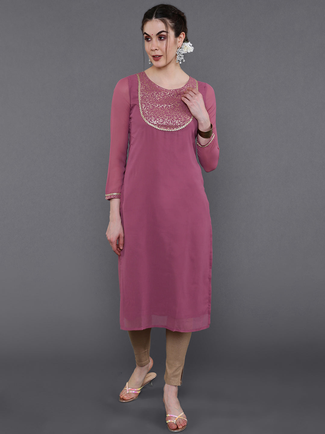 Mauve Gold Foil Print Kurta
