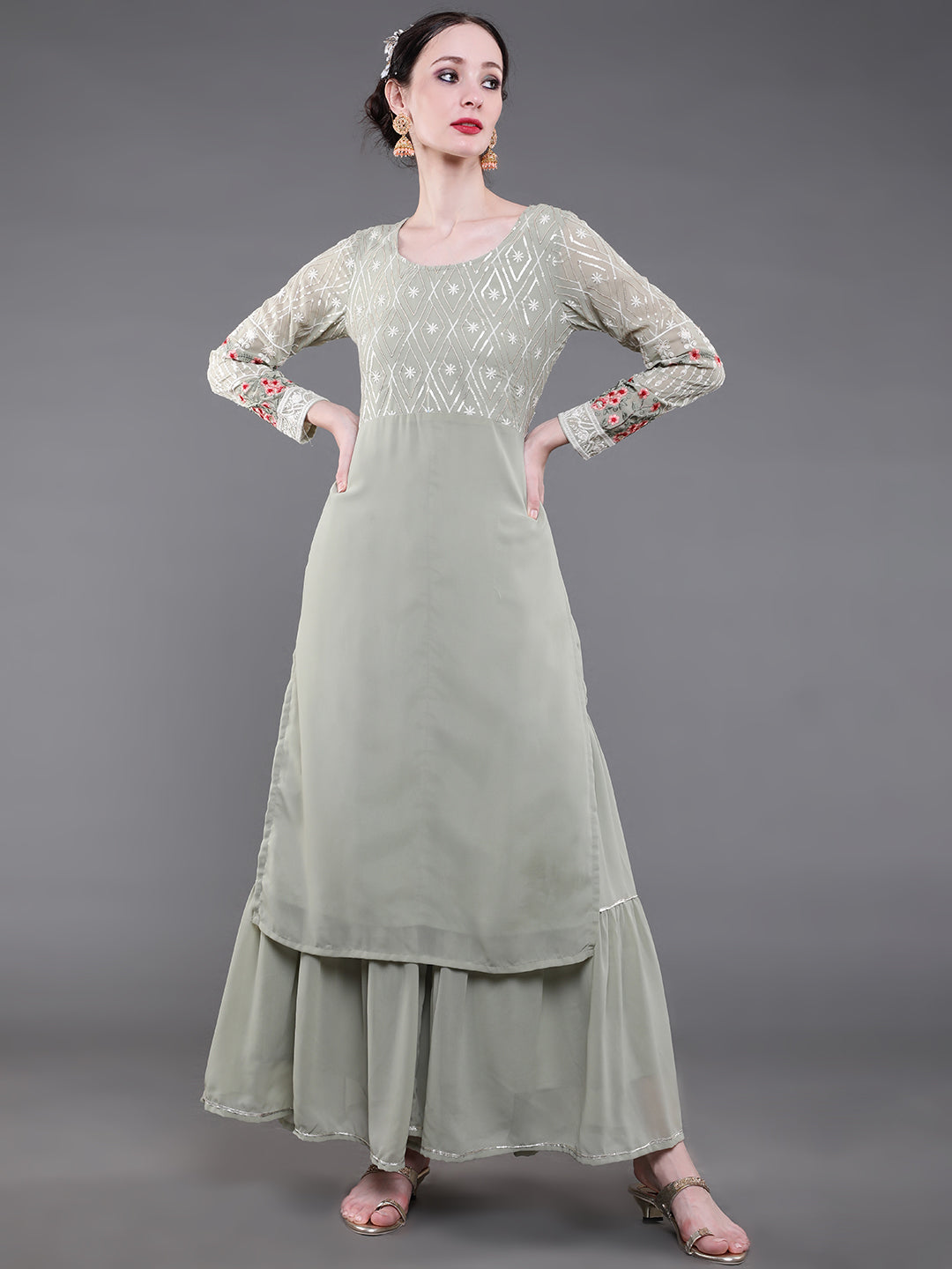 Pastel Green Floral Embroidered Kurta