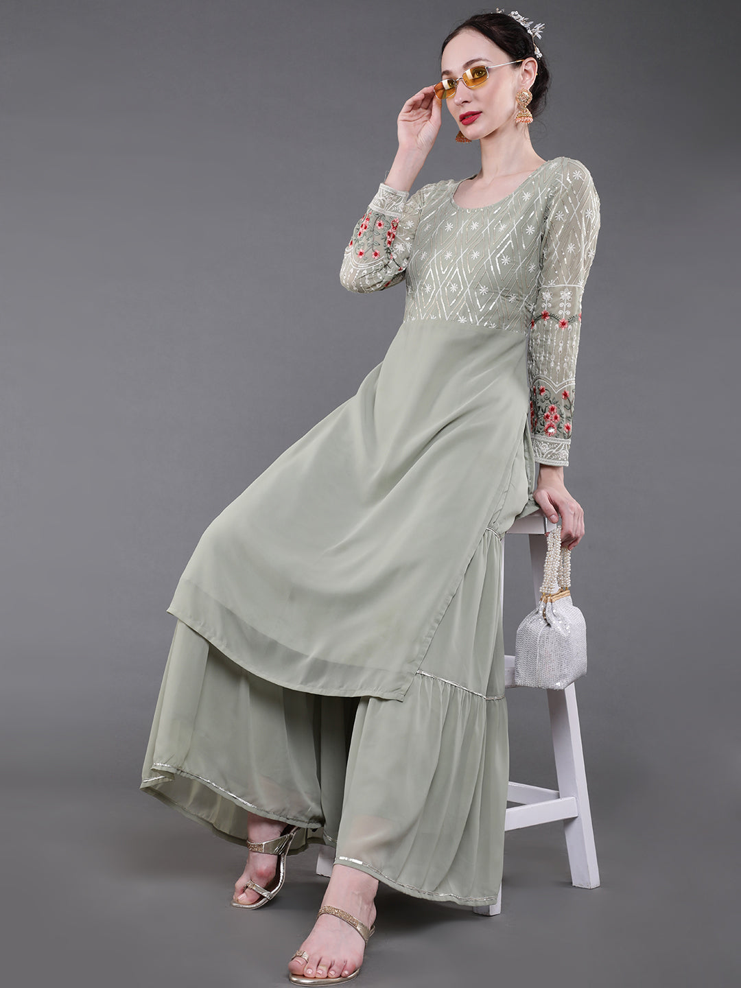 Pastel Green Floral Embroidered Kurta
