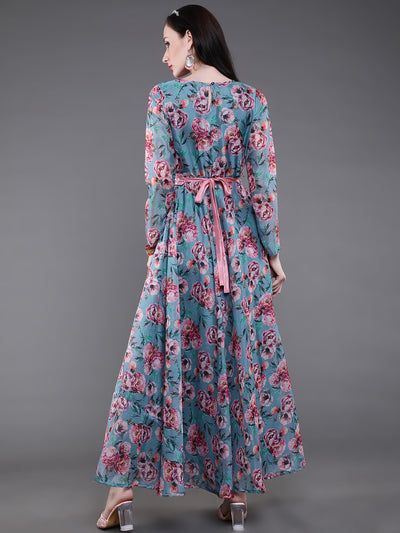 Blue Floral Print Flared Maxi Dress With Belt