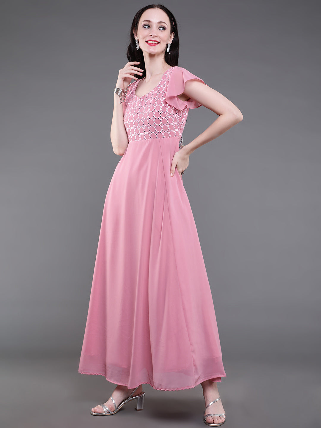 Pink Mirror Work Flared Maxi Dress