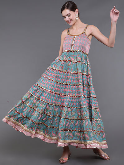 Light Blue & Pink Floral Printed Tiered Dress With Lace Details