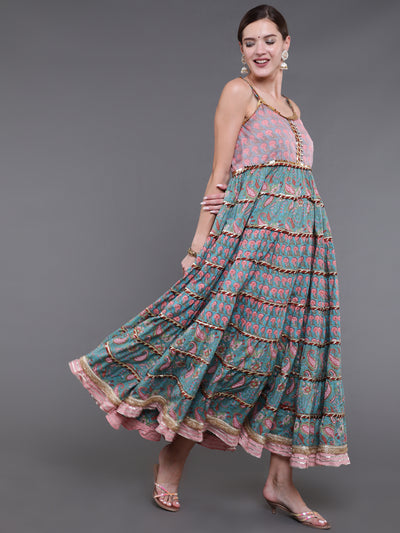 Light Blue & Pink Floral Printed Tiered Dress With Lace Details