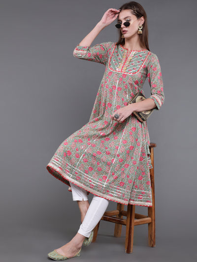 Pastel Green Floral Print Anarkali With Lace Work