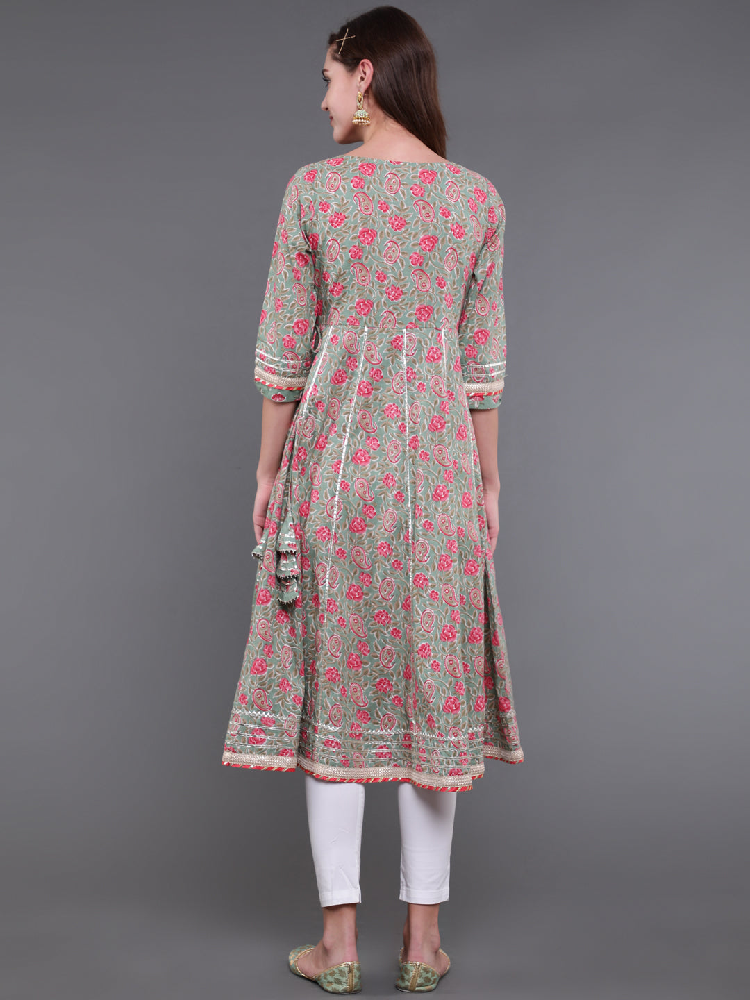 Pastel Green Floral Print Anarkali With Lace Work