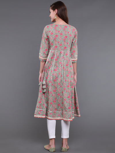 Pastel Green Floral Print Anarkali With Lace Work