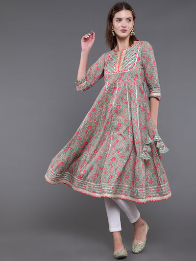Pastel Green Floral Print Anarkali With Lace Work