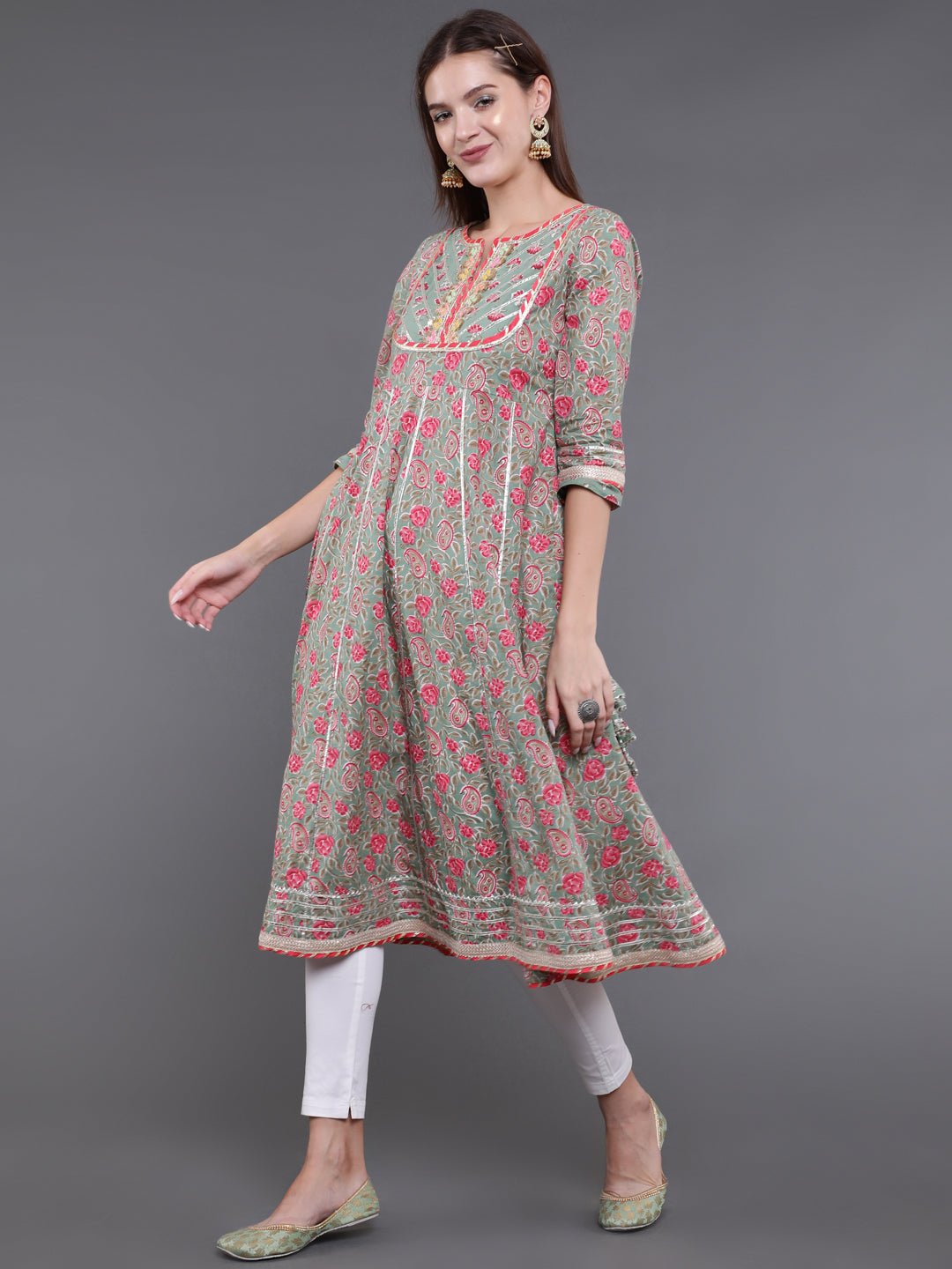 Pastel Green Floral Print Anarkali With Lace Work