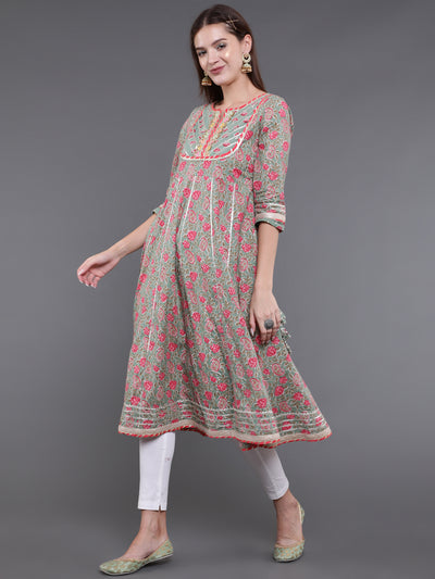 Pastel Green Floral Print Anarkali With Lace Work