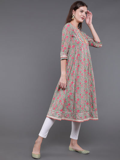 Pastel Green Floral Print Anarkali With Lace Work