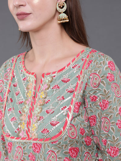 Pastel Green Floral Print Anarkali With Lace Work