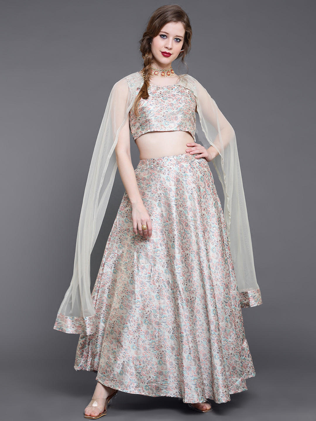 Cream Lehenga Choli With Cape Dupatta