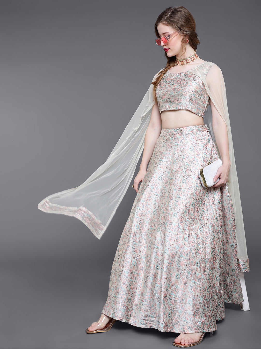 Cream Lehenga Choli With Cape Dupatta