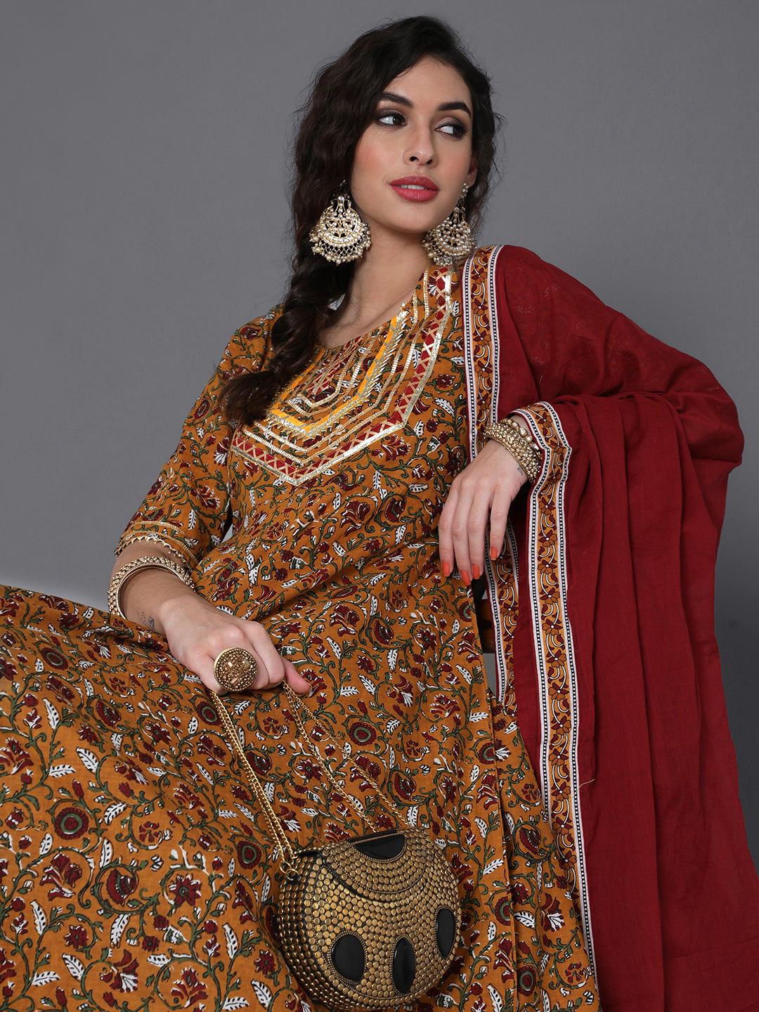 Mustard Floral Print Anarkali Pant With Dupatta