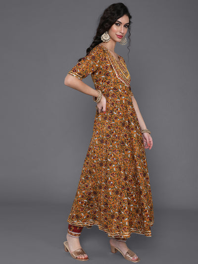 Mustard Floral Print Anarkali Pant With Dupatta