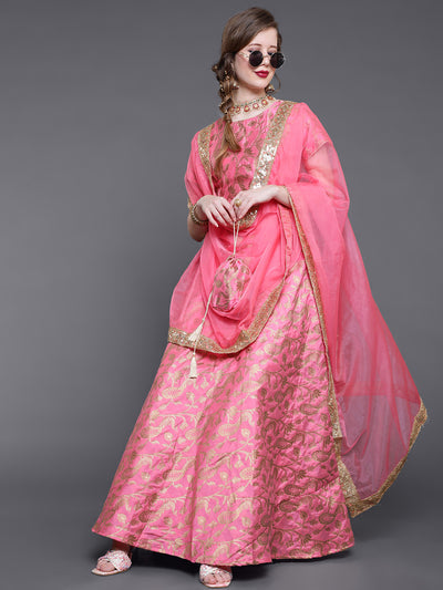 Pink Zari Work Lehenga Choli With Dupatta & Potali Bag