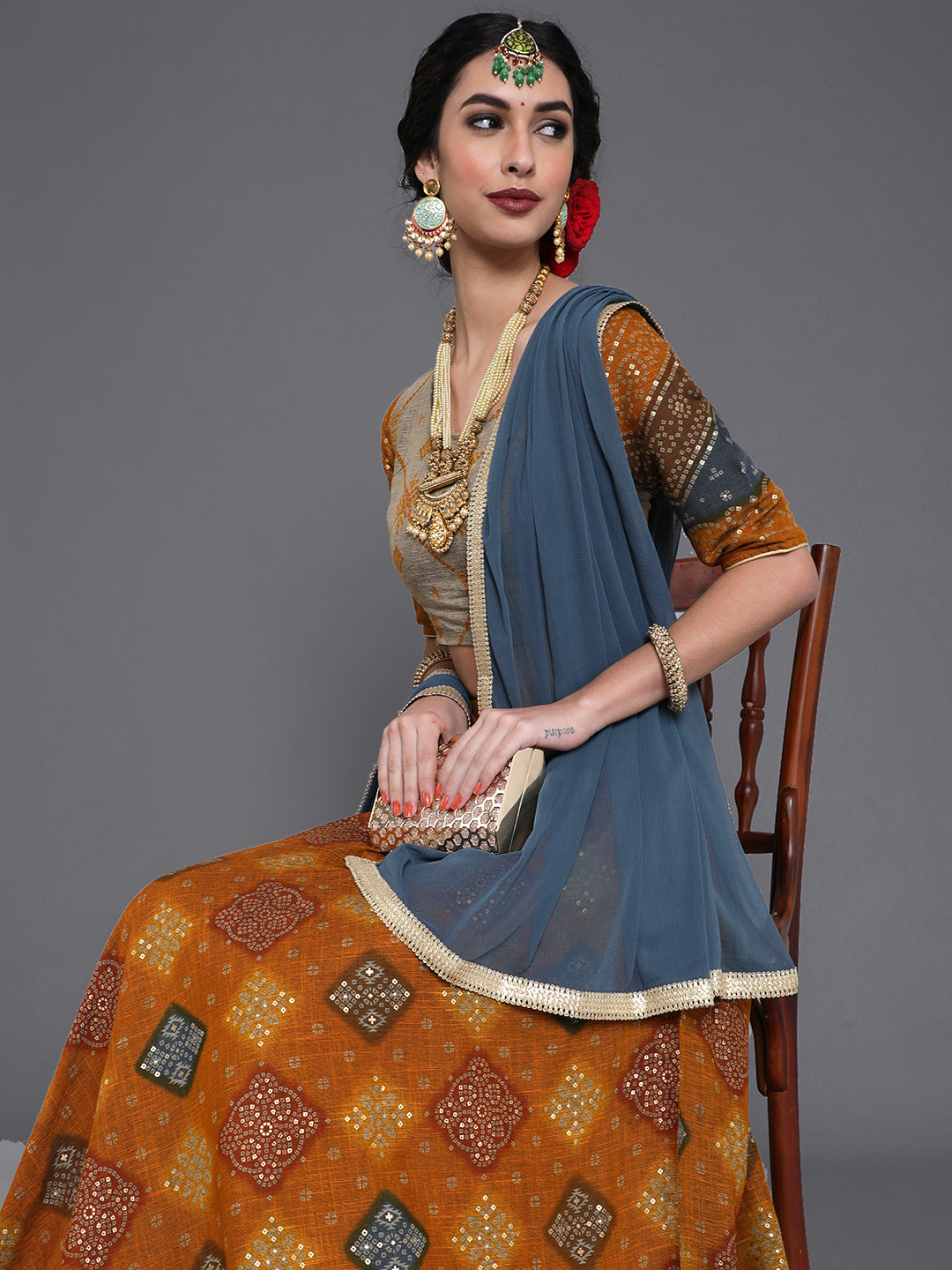 Mustard Gold Printed Lehenga Choli With Dupatta