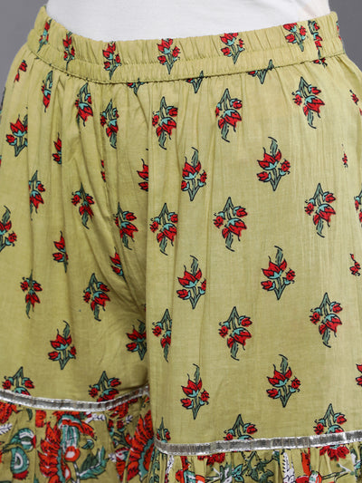 Green Floral Print Kurta Sharara With Dupatta