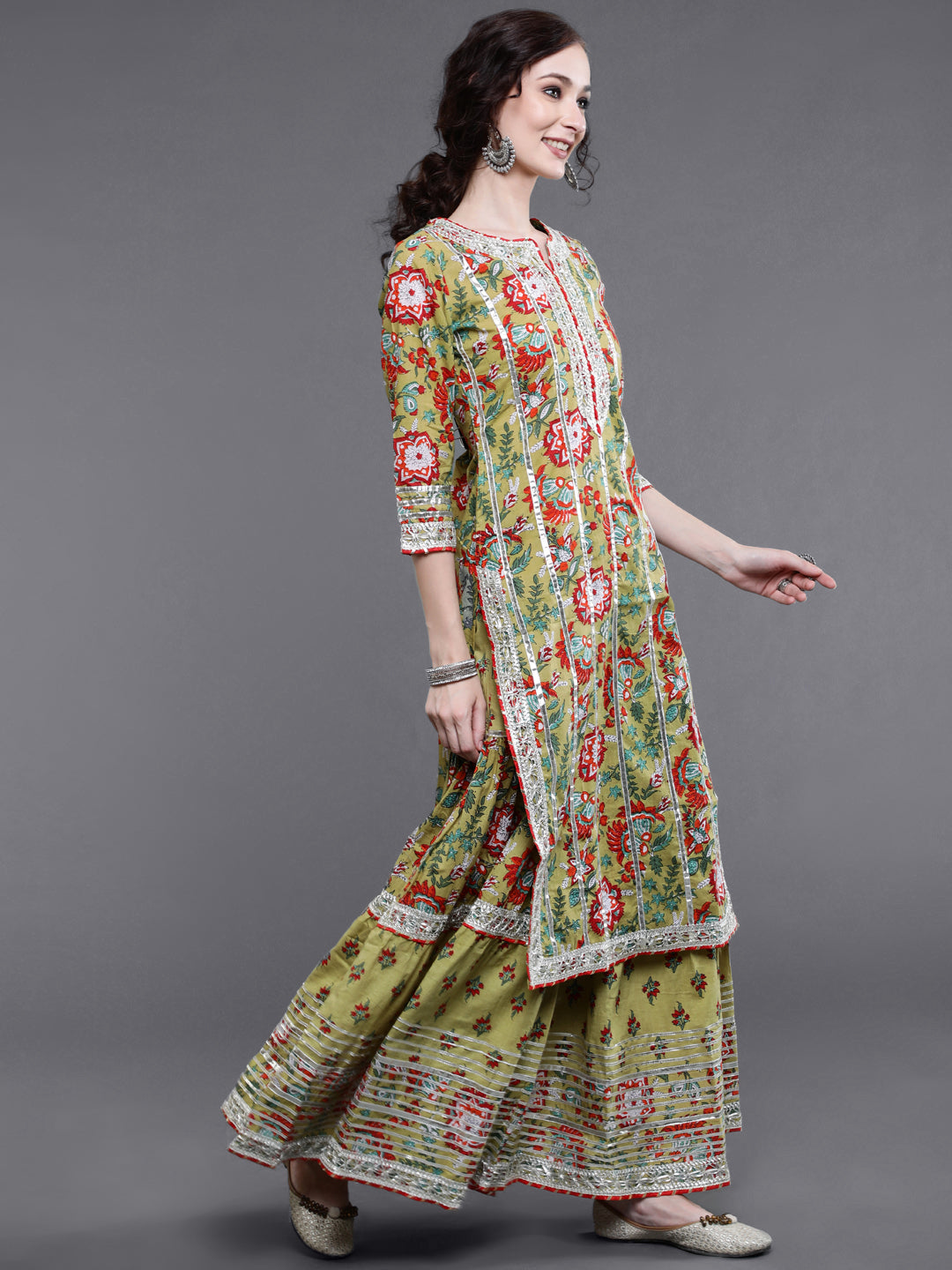 Green Floral Print Kurta Sharara With Dupatta