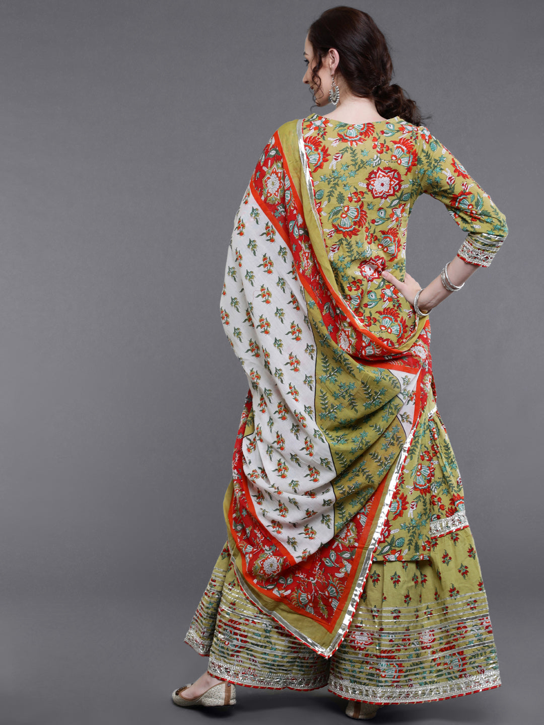 Green Floral Print Kurta Sharara With Dupatta