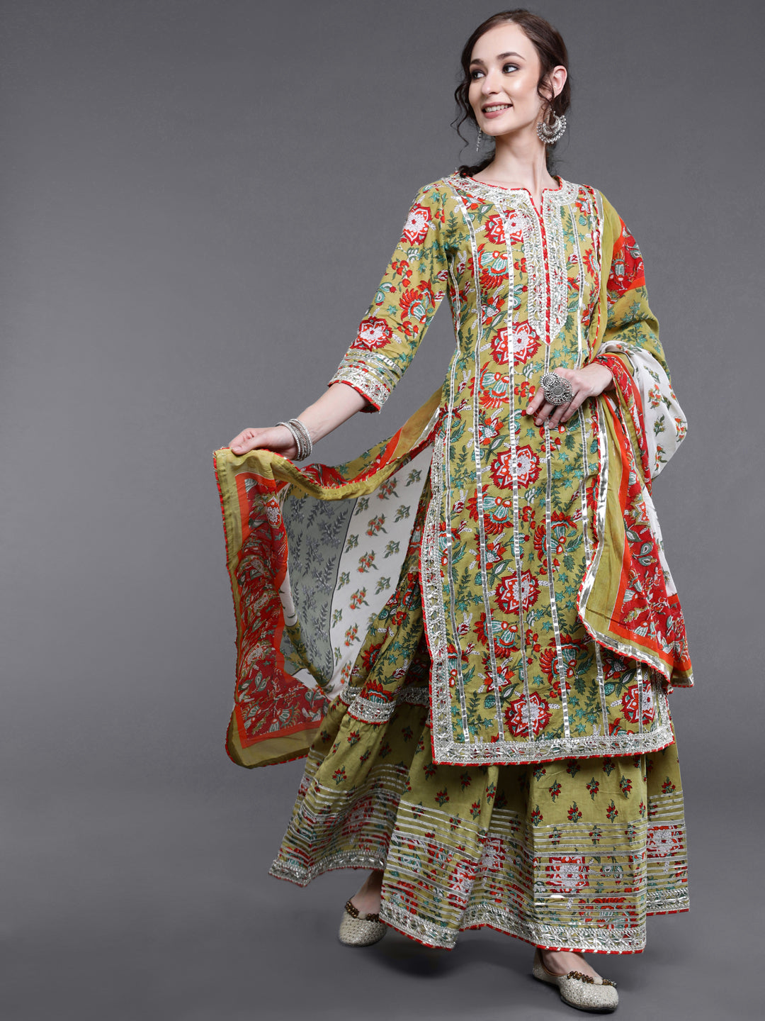 Green Floral Print Kurta Sharara With Dupatta