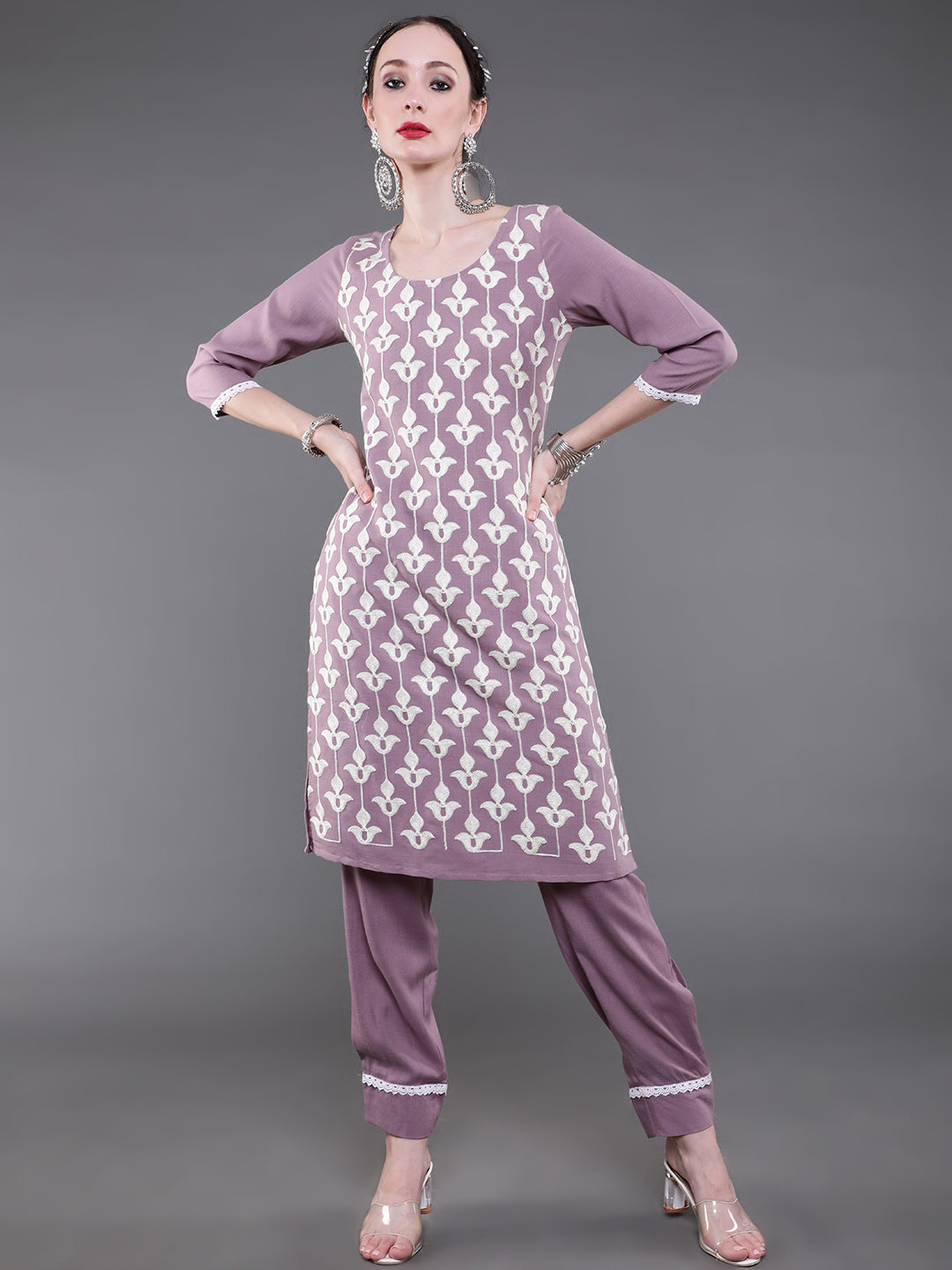 Mauve Embroidered Kurta With Pant