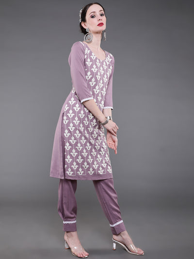 Mauve Embroidered Kurta With Pant