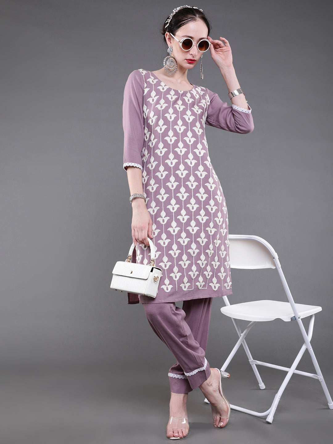 Mauve Embroidered Kurta With Pant