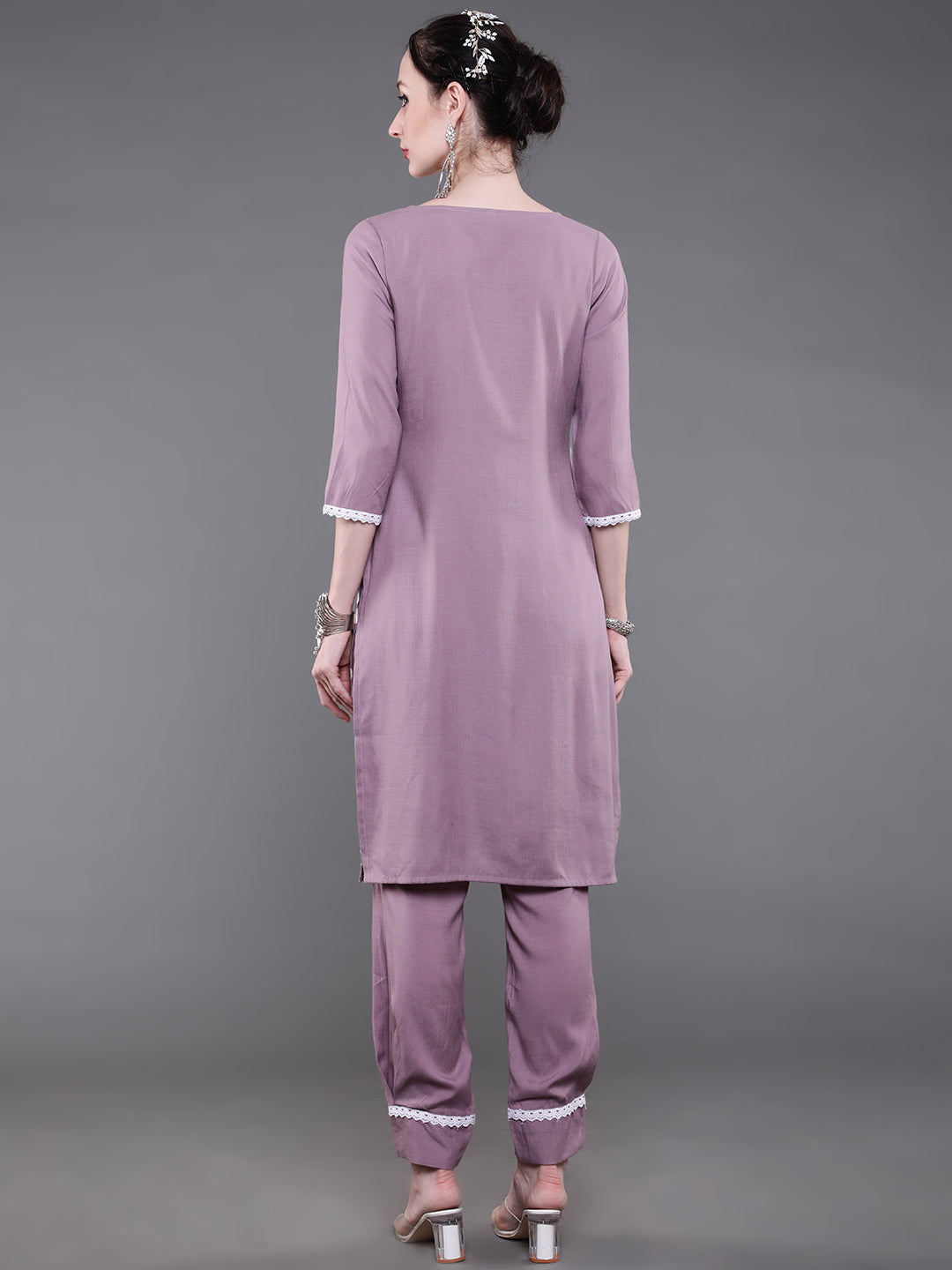 Mauve Embroidered Kurta With Pant