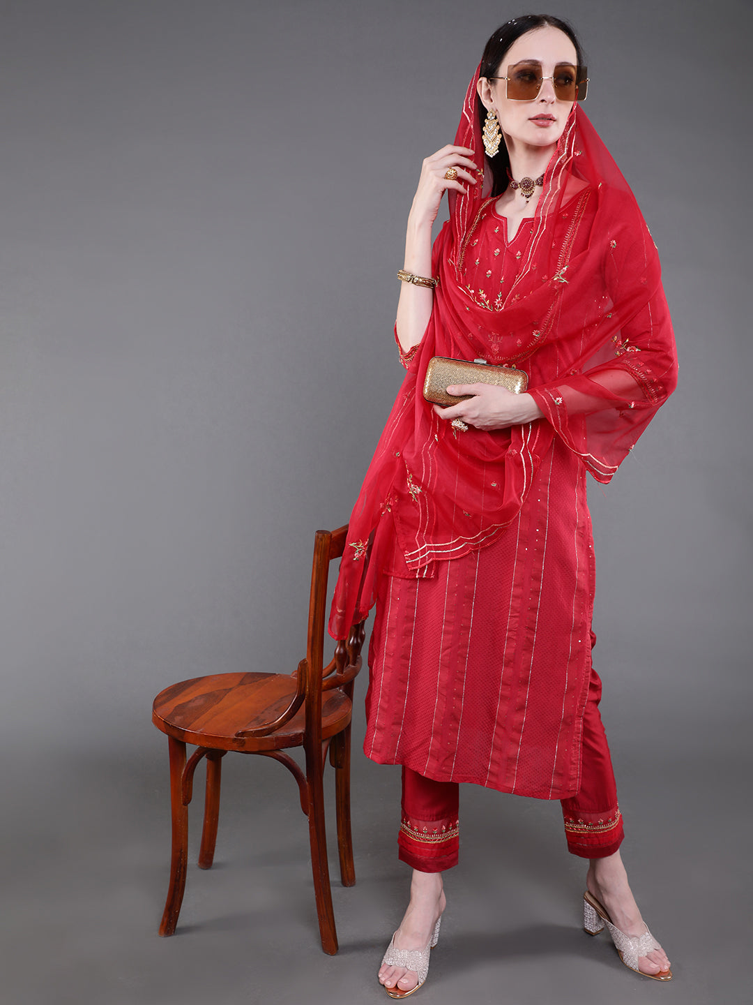 Red Embroidered Kurta Pant With Dupatta