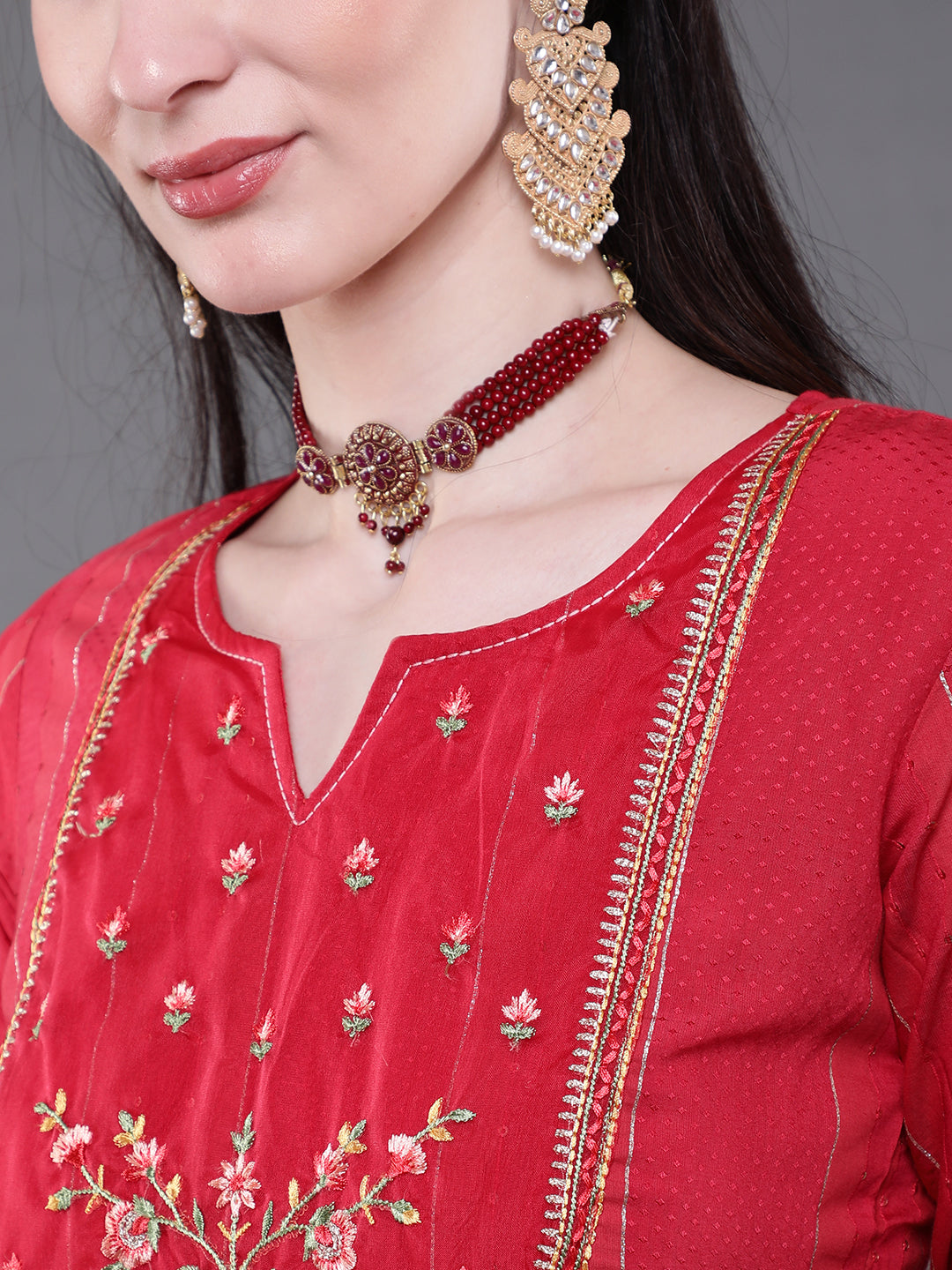 Red Embroidered Kurta Pant With Dupatta