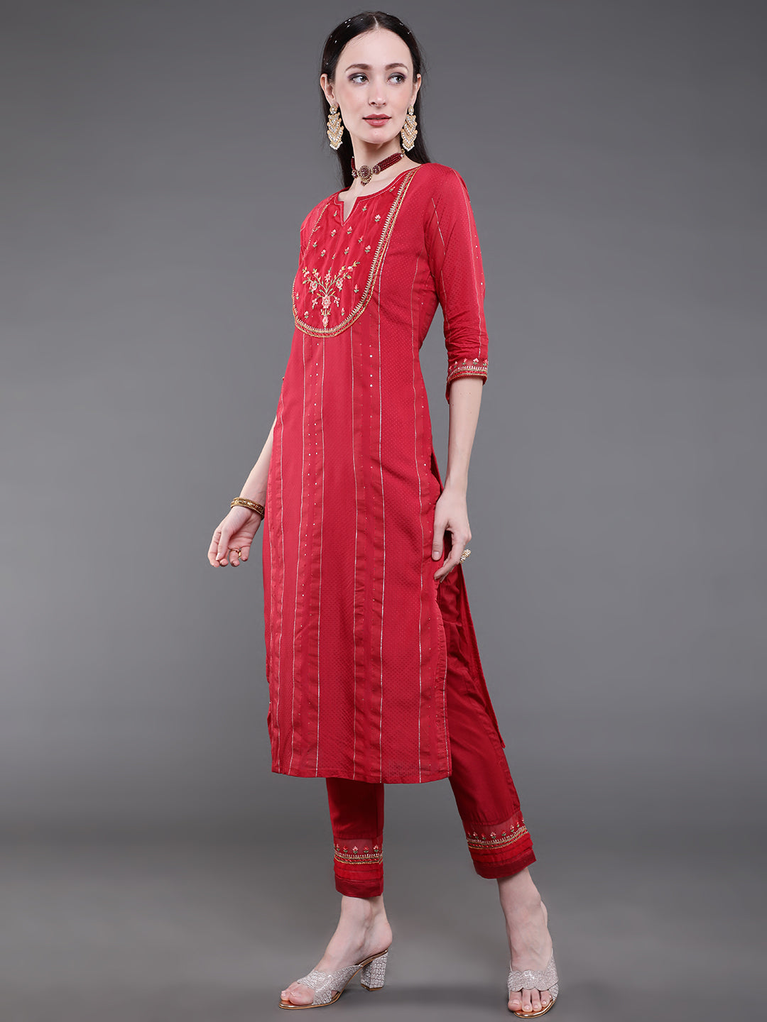 Red Embroidered Kurta Pant With Dupatta