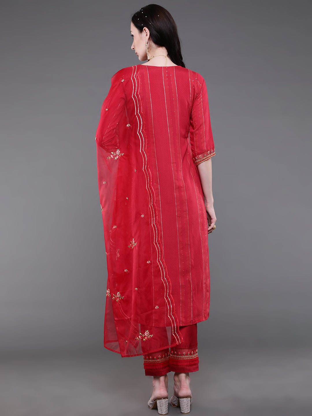 Red Embroidered Kurta Pant With Dupatta