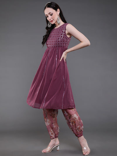 Burgundy Mirror Work Kurta With Balloon Palazzo