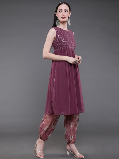 Burgundy Mirror Work Kurta With Balloon Palazzo