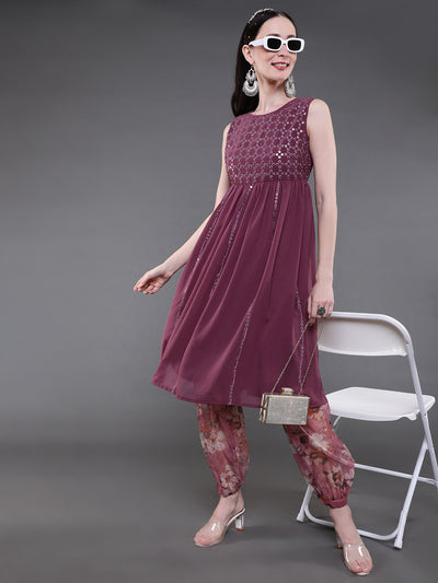 Burgundy Mirror Work Kurta With Balloon Palazzo