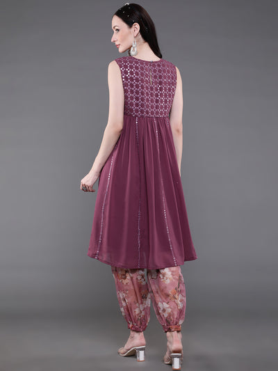 Burgundy Mirror Work Kurta With Balloon Palazzo