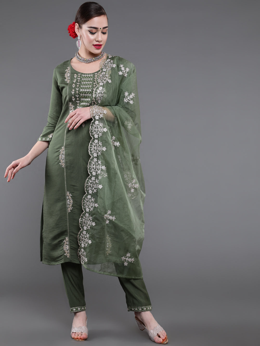 Green Embroidered Kurta Pant With Dupatta