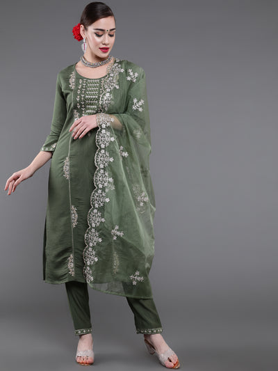 Green Embroidered Kurta Pant With Dupatta