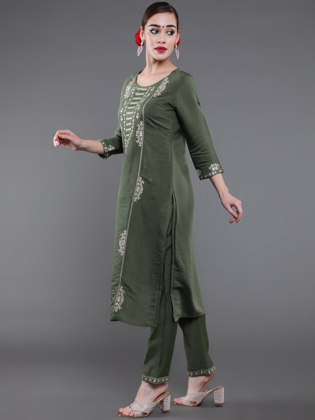 Green Embroidered Kurta Pant With Dupatta
