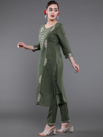 Green Embroidered Kurta Pant With Dupatta