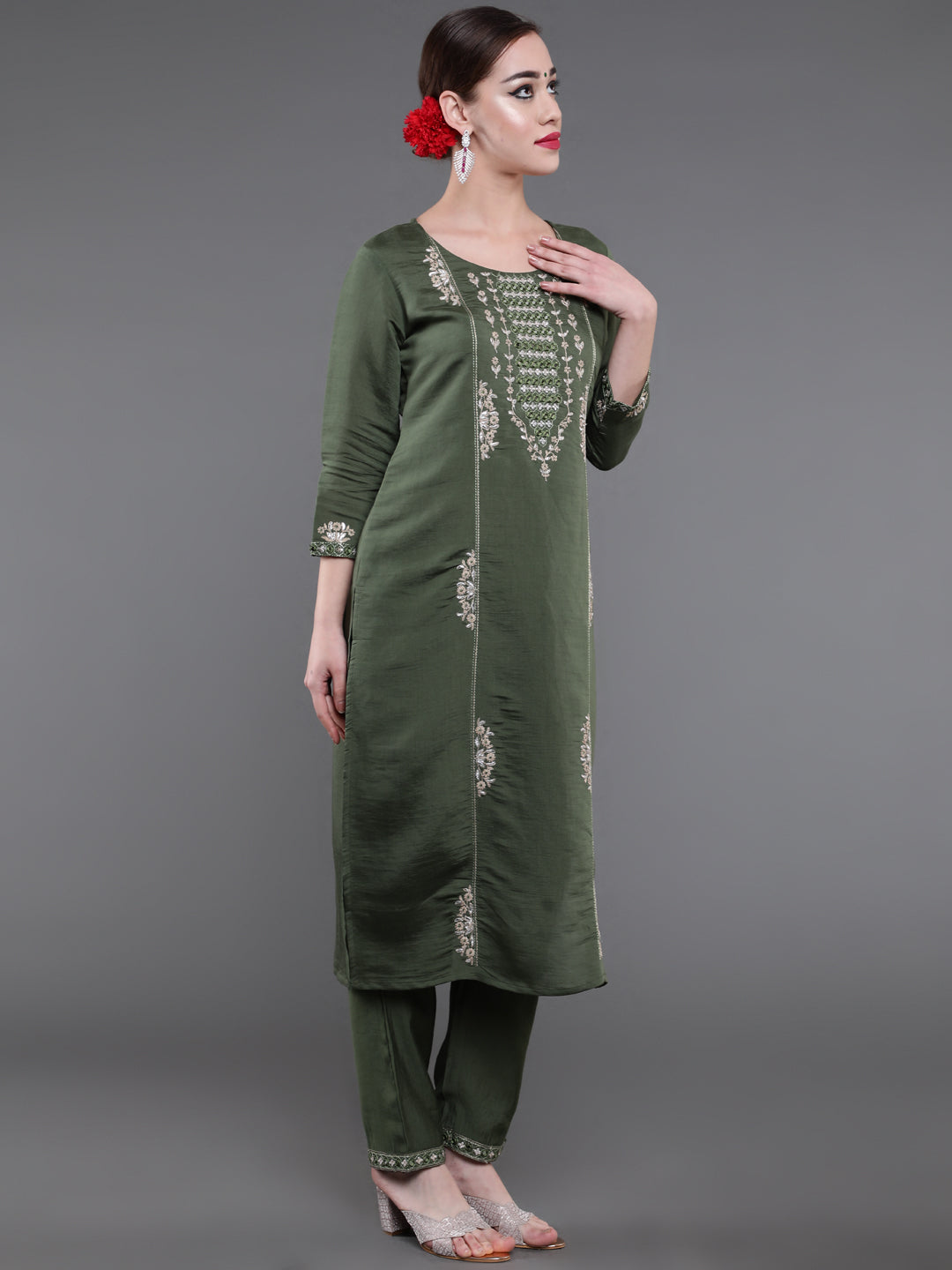 Green Embroidered Kurta Pant With Dupatta