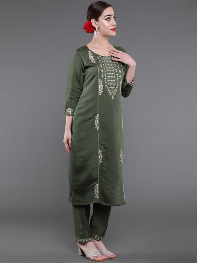 Green Embroidered Kurta Pant With Dupatta